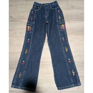 Vintage Route 66 Cargo Jeans Girls 14 Embroidered Peace Butterfly Flower Flare